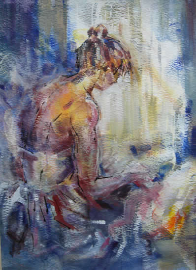 Ballerina in morning light - Ballerina adjusting laces of ballet shoes - Painting by Artist from Woking Surrey England near Richmond Park Surrey